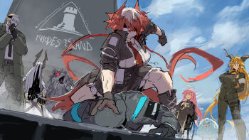 1boy 1other 4girls angry animal_ears arknights armband bird_ears black_gloves black_jacket black_necktie black_skirt blonde_hair breasts brown_horns closed_eyes closed_mouth degenbrecher_(arknights) detached_wings doctor_(arknights) energy_wings feather_hair fiammetta_(arknights) gloves goat_ears goat_girl goat_horns green_pants hair_between_eyes halo head_pinned_down highres horns jacket lappland_(arknights) lemuen_(arknights) long_hair long_sleeves medal military_jacket multiple_girls mutomorokoshi necktie open_clothes open_jacket orange_shirt pants pink_hair pinned red_eyes red_hair red_necktie rhodes_island_logo_(arknights) sarkaz_wither_devourer shirt short_hair skirt smile wheelchair white_armband white_mask white_shirt wide_shot wings wolf yellow_eyes zaaro_(arknights)