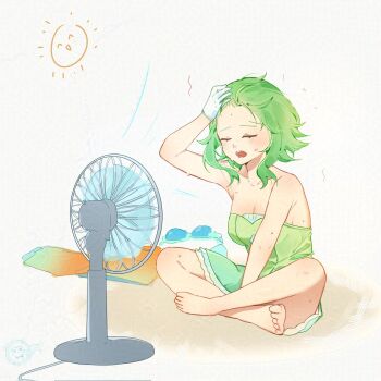 Rule 34 | 1girl, barefoot, between legs, breasts, cleavage, closed eyes, collarbone, commentary, dress, electric fan, english commentary, full body, gloves, green dress, green hair, gumi, hand between own legs, hand on own head, highres, indian style, medium breasts, medium hair, on ground, open mouth, shasakiii, sitting, solo, sun, toes, unworn eyewear, vocaloid, white gloves