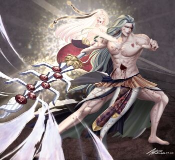 1boy 2boys absurdres arms_up baggy_pants bare_shoulders bindi black_background black_hair black_tank_top bleeding blood blood_on_face bloody_eye blue_eyes buddha_(shuumatsu_no_valkyrie) cheek_tattoo collarbone ear_piercing earrings facial_mark facial_tattoo fangs forehead_mark full_body gold_earrings green_hair grey_eyes hair_down half-closed_eyes hand_up highres holding holding_sword holding_weapon injury jewelry long_hair looking_at_viewer loose_hair_strand male_focus multicolored_hair multiple_boys muscular muscular_male nude one_eye_closed open_mouth pants pectorals pelvic_curtain piercing puffy_pants red_pants robe shirtless_male shuumatsu_no_valkyrie smile sword tagme tank_top tattoo teeth toned toned_male topless_female topless_male weapon white_hair white_robe yellow_robe zerofuku_(shuumatsu_no_valkyrie)