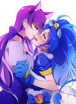 10s 2girls animal_ears blue_eyes blue_gloves blue_hair blush cat_ears choker cure_gelato cure_macaron earrings elbow_gloves extra_ears eye_contact fang gloves hug jewelry kirakira_precure_a_la_mode kotozume_yukari lion_ears lion_tail long_hair looking_at_another magical_girl multiple_girls negom open_mouth precure purple_choker purple_eyes purple_hair simple_background tail tategami_aoi white_background white_gloves yuri