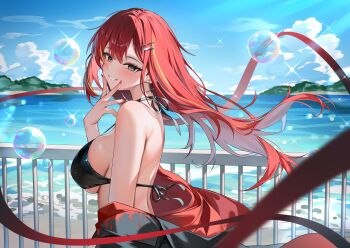 1girl akane_lize bare_shoulders bikini bikini_top_only black_bikini black_eyes black_jacket breasts bubble commentary_request cross cross_earrings day earrings floating_hair from_side grin hair_ornament hairclip halterneck hand_up highres jacket jewelry large_breasts long_hair looking_at_viewer looking_to_the_side mole mole_on_cheek multicolored_hair nail_polish off_shoulder outdoors red_hair red_nails shuvi_(shuvi1125) sideboob smile solo stellive strap_gap streaked_hair string_bikini swimsuit very_long_hair virtual_youtuber