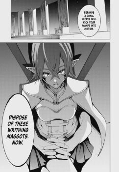 Rule 34 | 1girl, aoi toshi, breasts, capelet, cleavage, clothing cutout, crossed legs, elbow gloves, elf, ellenor ljos alf (tsue to tsurugi no wistoria), english text, female focus, full body, gloves, highres, long glove, long hair, looking at viewer, manga illustration, manga page, midriff, miniskirt, monochrome, navel, no bra, official art, open mouth, pleated skirt, pointy ears, ponytail, sexually suggestive, sitting, skirt, small breasts, solo, solo focus, speech bubble, stomach, stomach cutout, teeth, throne, translated, tsue to tsurugi no wistoria