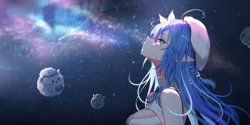 Rule 34 | 1girl, absurdres, ahoge, aurora, bare shoulders, beret, blue bow, blue hair, bow, braid, breasts, cleavage, cleavage cutout, clothing cutout, comet, commentary request, elf, flower, hair flower, hair ornament, hat, heart, heart ahoge, highres, hololive, huahua tu, large breasts, long hair, looking up, outdoors, pointy ears, sky, solo focus, star (sky), starry sky, virtual youtuber, white hat, yukihana lamy, yukihana lamy (1st costume), yukimin (yukihana lamy)