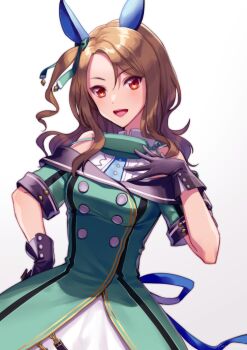 1girl akatsuki_(kuon) animal_ears bare_shoulders black_gloves blush bow breasts brown_hair buttons coat commentary_request double-breasted dress ear_bow ear_covers ear_ribbon gloves green_bow green_dress horse_ears horse_girl king_halo_(king_of_emeralds)_(umamusume) king_halo_(umamusume) long_hair looking_at_viewer medium_breasts off-shoulder_coat off-shoulder_dress off_shoulder open_mouth red_eyes simple_background smile solo umamusume white_background