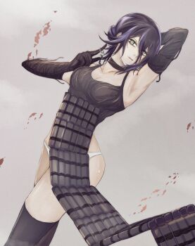 1girl arm_up armpits black_gloves black_thighhighs bomb_devil_(chainsaw_man) breasts chainsaw_man dynamite elbow_gloves explosive gloves green_eyes grenade_pin hair_between_eyes hair_bun highres looking_at_viewer madaosw medium_breasts medium_hair panties purple_hair reze_(chainsaw_man) solo thighhighs underwear white_panties