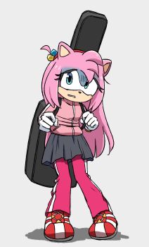 1girl amy_rose blue_eyes bocchi_the_rock! color_connection commentary cosplay english_commentary full_body furry furry_female gloves gotoh_hitori gotoh_hitori_(cosplay) grey_background grey_skirt guitar_case highres instrument_case jacket jems_(shf1) looking_at_viewer pink_jacket red_shoes shoes skirt solo sonic_(series) white_gloves