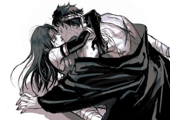 2boys bandage_over_one_eye clothes_down commentary cross_scar forehead_protector french_kiss greyscale highres kiss konohagakure_symbol long_hair male_focus momoyoru1 monochrome multiple_boys nail_polish naruto_(series) naruto_shippuuden scar scar_on_back short_hair uchiha_itachi uchiha_shisui yaoi