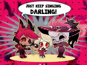 1boy 2girls :d ;d alastor_(hazbin_hotel) animal_ears antlers belt biantaishi1 black_belt black_bow black_bowtie black_hair black_lips black_pants black_shoes black_skirt blonde_hair bob_cut bow bowtie charlie_morningstar circle_facial_mark coat colored_sclera colored_skin colored_teeth colored_tips commentary dark-skinned_male dark_skin deer_antlers deer_boy deer_ears dot_nose english_commentary english_text eyeshadow formal_clothes full_body grey_skin grin halftone halftone_background hand_on_own_cheek hand_on_own_face hand_on_own_hip hands_up hat hat_feather hat_ornament hazbin_hotel heart heart_hat_ornament hellaverse highres hollow_eyes horns jacket large_hat layered_sleeves long_hair long_skirt long_sleeves looking_at_another low-tied_long_hair makeup monocle multicolored_hair multiple_girls one_eye_closed open_clothes open_jacket open_mouth outline pants pink_eyeshadow puffy_long_sleeves puffy_sleeves purple_jacket purple_skirt red_background red_coat red_eyes red_eyeshadow red_hair red_hat red_jacket red_pants red_sclera red_shirt red_skirt rosie_(hazbin_hotel) sharp_teeth shirt shoes short-sleeved_jacket short_hair short_over_long_sleeves short_sleeves simple_background skirt skull_hat_ornament smile sparkle_background speech_bubble standing striped_clothes striped_coat striped_skirt suit teeth traditional_bowtie two-tone_hair vertical-striped_coat very_long_hair white_hair white_shoes white_skin yellow_outline yellow_sclera yellow_teeth