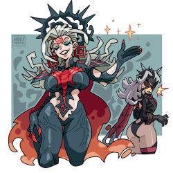2girls absurdres armor ass bandaged_head bandages bikini black_bikini black_gloves black_leotard black_sclera black_thighhighs breasts cape colored_sclera corruption curvy dark_persona elbow_gloves fantastic_four gloves grey_hair hela_(marvel) hela_(queen_in_black)_(marvel) highleg highleg_leotard highres large_breasts leotard looking_at_another looking_at_viewer malice_(sue_storm) marvel marvel_rivals multiple_girls nekitoron pale_skin pauldrons possessed possession red_cape red_eyes red_scarf revealing_clothes scarf shoulder_spikes smile spiked_armor spiked_helmet spiked_pauldrons spikes sue_storm swimsuit symbiote thighhighs thong_leotard white_hair wide_hips