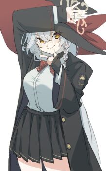 1girl arm_over_head black_hat black_jacket black_skirt black_sweater blue_archive bow bowtie braid breasts buttons chuunibyou cowboy_shot crossed_bangs dot_nose eri_(blue_archive) finger_gun grey_hair hair_between_eyes halo hat hat_bow highres jacket jewelry large_breasts long_hair looking_at_viewer multicolored_hair multiple_rings nobu_cha20 open_clothes open_jacket orange_eyes pleated_skirt red_bow red_bowtie red_hair ring shirt side_braid skirt sleeves_past_wrists smile solo streaked_hair striped_bow striped_bowtie striped_clothes sweater tsurime two-sided_fabric two-sided_headwear v-shaped_eyebrows very_long_hair white_shirt wild_hunt_academy_of_arts_logo witch witch_hat yellow_halo