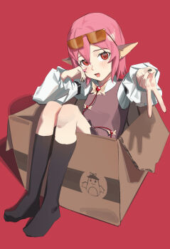 1girl absurdres animal_ears bird_ears black_nails black_socks box brown_dress dress eyewear_on_head highres in_box in_container long_sleeves looking_at_viewer mystia_lorelei open_mouth pink_hair puffy_long_sleeves puffy_sleeves red_background red_eyes sitting smile socks solo touhou v xiaoguai_swg