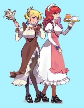 2girls alternate_costume apron blonde_hair cake citrinne_(fire_emblem) commentary duster english_commentary feather_duster fire_emblem fire_emblem:_new_mystery_of_the_emblem fire_emblem_engage food highres holding holding_tray lena_(fire_emblem) linkaruu maid_apron maid_headdress multiple_girls nintendo red_eyes red_hair teapot tray