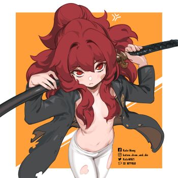 1girl absurdres anger_vein artist_name ashiharatsumori_koito bandaid bandaid_on_cheek bandaid_on_face black_jacket blush border breasts closed_mouth commentary_request cowboy_shot fluffy_hair hair_between_eyes hair_over_shoulder hands_up highres holding holding_sword holding_weapon jacket katana kate_wong long_bangs long_hair long_sleeves looking_at_viewer navel no_bra no_shirt open_clothes open_jacket orange_background outside_border pantyhose project_kv red_eyes red_hair sheath sheathed small_breasts solo stomach sword torn_clothes torn_jacket torn_pantyhose unbuttoned weapon white_border white_pantyhose