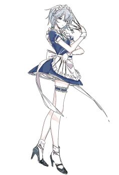 1girl apron back_bow between_fingers black_shoes blue_dress blue_eyes bow braid closed_mouth commentary dress english_commentary frilled_apron frilled_thigh_strap frills full_body green_bow green_ribbon grey_hair hair_bow high_heels highres holding holding_knife izayoi_sakuya knife knives_between_fingers looking_at_viewer maid maid_apron maid_headdress neck_ribbon ribbon shiorondo shoes short_hair short_sleeves side_braids simple_background socks solo standing thigh_strap throwing_knife touhou waist_apron weapon white_apron white_background white_bow white_socks