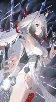 1girl animal_ear_fluff animal_ears armlet bare_shoulders black_hair bracelet breasts china_dress chinese_clothes cleavage closed_mouth commentary cowboy_shot dress droopy_ears floating floating_object floating_sword floating_weapon from_side gradient_hair hairband highres holding holding_ofuda jewelry kuji-in leg_tattoo long_hair medium_breasts metal_bracelet multicolored_hair multiple_swords ofuda qingming_sword red_eyes red_hair see-through_horns sideboob silver_armlet silver_bracelet solo sword tail tattoo tem_(tempainting1) very_long_hair weapon white_dress white_hair white_hairband white_tail ye_shunguang zenless_zone_zero