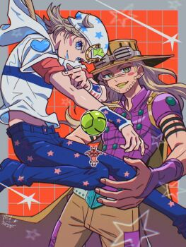 Rule 34 | 2boys, blonde hair, blue eyes, blue lips, blue pants, commentary, facial hair, gold teeth, green eyes, green lips, grills, gyro zeppeli, hat, heart ornament, hood, hoodie, horseshoe hat ornament, horseshoe ornament, johnny joestar, jojo no kimyou na bouken, karumonn, lipstick, looking at viewer, makeup, male focus, multiple boys, pants, short sleeves, smile, star (symbol), star print, steel ball run, tusk (stand), tusk act1, untranslatable commentary, wristband