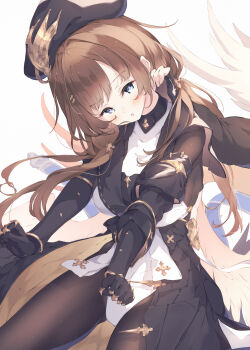 Rule 34 | 1girl, beret, blue eyes, bodysuit, breasts, brown hair, gauntlets, granblue fantasy, hat, highres, large breasts, leotard, long hair, low twintails, pantyhose, raziel (granblue fantasy), showgirl skirt, solo, twintails, ukiwakisen, white leotard