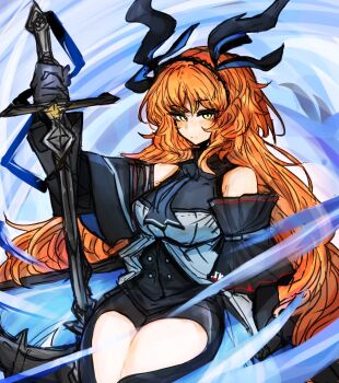 Rule 34 | 1girl, anchor, aqua gloves, arknights, ascot, black ascot, black gloves, black pants, bow, bowtie, chaps, clothing cutout, collared shirt, crotchless, crotchless pants, detached sleeves, freckles, gloves, green eyes, hair bow, hairband, high-waist shorts, highres, holding, holding anchor, hosakana, ishmael (project moon), limbus company, long hair, looking at viewer, necktie, orange hair, orca, pants, project moon, see-through dress layer, shirt, shorts, shoulder cutout, side cutout, simple background, skadi (arknights), solo, tail, thigh cutout, very long hair