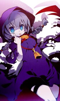 1girl :p bell blue_eyes braid chain chicken_curry cloak curse_maker curse_maker_2 dress etrian_odyssey flat_chest grey_hair highres hood hooded_cloak long_hair making_faces sekaiju_no_meikyuu sekaiju_no_meikyuu_1 solo tongue tongue_out twin_braids