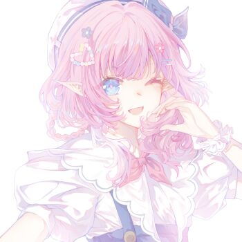 1girl ;o beret blue_eyes bow bowtie chinese_commentary commentary_request cyrene_(aedes_elysiae)_(honkai:_star_rail) cyrene_(honkai:_star_rail) half-heart_hands hat highres honkai:_star_rail honkai_(series) linglinglinglingdai91375 looking_at_viewer official_alternate_costume one_eye_closed pink_bow pink_bowtie pink_hair pointy_ears shirt short_hair simple_background smile solo upper_body white_background white_shirt