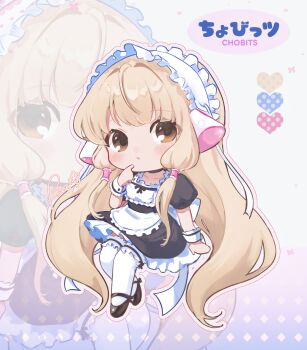 Rule 34 | 1girl, :o, absurdres, alternate costume, apron, beebee1120, black dress, black shoes, blonde hair, blush, brown eyes, chii, chobits, commentary, copyright name, dress, enmaided, frilled apron, frilled dress, frilled hairband, frilled thighhighs, frills, hairband, hand up, highres, index finger raised, long hair, looking at viewer, maid, maid day, mary janes, outline, parted lips, pink outline, robot ears, shoes, short sleeves, untranslatable commentary, thighhighs, very long hair, white apron, white hairband, white thighhighs