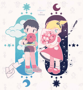 Rule 34 | 1boy, 1girl, ana (mother), baseball cap, black hair, black ribbon, black shorts, blonde hair, bouquet, cloud, commentary request, dress, flower, full body, hat, highres, holding, holding bouquet, holding unworn clothes, holding unworn hat, letter, mary janes, mother (series), mother 1, ninten, nintendo, pen, pink dress, pink shoes, red hat, ribbon, shirt, shoes, short hair, shorts, starman (mother), striped clothes, striped shirt, tanba (tanba-art), unworn hat, unworn headwear