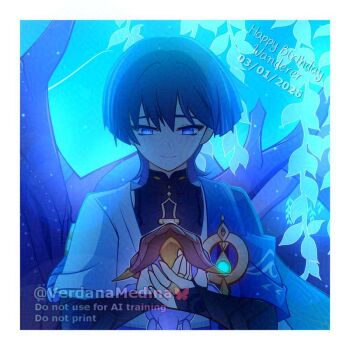 Rule 34 | 1boy, adversarial noise, animal, armor, black bodysuit, black bridal gauntlets, blue cape, blunt ends, bodysuit, bridal gauntlets, bright pupils, cape, character name, closed mouth, commentary, dated, dragon, durin (genshin impact), english commentary, gem, genshin impact, glowing gem, glowing leaves, gold, gold ring, green gem, grey hair, happy birthday, holding, holding animal, japanese armor, japanese clothes, kimono, kote, kurokote, looking at animal, male focus, mandarin collar, middle ring, mini durin (genshin impact), open hands, outdoors, purple eyes, purple rope, rope, scaramouche (genshin impact), short sleeves, shoulder peek, small dragon, smile, straight-on, tree, tsurime, twitter username, upper body, verdana medina, vision (genshin impact), wanderer (genshin impact), watermark, white kimono, white pupils, white sleeves, white trim, wispy bangs