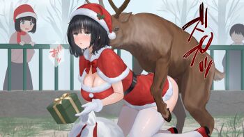 2girls 4boys all_fours animal_penis bestiality black_eyes black_hair blush box breasts christmas clothed_sex doggystyle dress gift gift_box hat japanese_text large_penis looking_at_viewer medium_breasts medium_hair multiple_boys multiple_girls original penis santa_costume santa_dress santa_hat sex sex_from_behind speech_bubble surprised thought_bubble vaginal veins