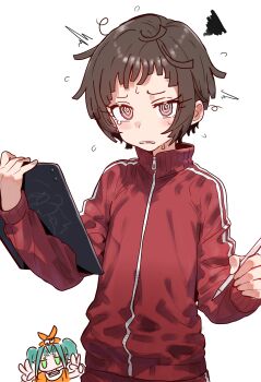 2girls @_@ ^^^ absurdres blush brown_eyes brown_hair chibi chibi_inset clenched_teeth double_v ebora eyelashes flying_sweatdrops green_eyes high_collar highres holding holding_stylus holding_tablet_pc jacket light_blush long_eyelashes long_sleeves looking_at_viewer monogatari_(series) multiple_girls nademonogatari ononoki_yotsugi parted_lips present_nadeko red_jacket sengoku_nadeko short_hair simple_background solo_focus squiggle stylus sweat tablet_pc tearing_up teeth track_jacket uneven_bangs upper_body v wavy_eyes white_background zipper_pull_tab