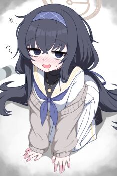 Rule 34 | 1girl, ?, @ @, all fours, bags under eyes, black shirt, blue archive, blue eyes, blue hair, blue hairband, blue neckerchief, blue ribbon, blush, brown cardigan, brown halo, cardigan, commentary, crossed bangs, dark blue hair, dot nose, drooling, drunk, flat chest, full body, hair between eyes, hairband, halo, headband, highres, io9, jewelry, long hair, long skirt, long sleeves, looking at viewer, low twintails, neckerchief, necklace, off shoulder, open mouth, ribbon, sailor collar, school uniform, serafuku, shirt, simple background, skirt, sleeves past wrists, socks, solo, squeans, sweatdrop, turtleneck, turtleneck shirt, twintails, ui (blue archive), very long hair, white background, white sailor collar, white serafuku, white skirt