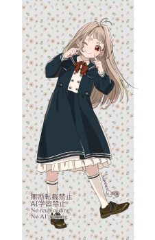 1girl artist_name black_jacket black_skirt bow bowtie breast_pocket brown_hair brown_shoes buttons closed_mouth commentary_request diagonal-striped_bow diagonal-striped_bowtie diagonal-striped_clothes floral_background full_body grey_background hands_up highres himaro index_fingers_raised jacket long_hair long_sleeves looking_at_viewer one_eye_closed original petticoat pillarboxed pocket pointing pointing_at_self red_bow red_bowtie red_eyes shirt shoes signature single_stripe skirt smile socks solo standing striped_bow striped_bowtie striped_clothes tareme thigh_strap white_shirt white_socks