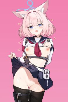 1girl absurdres animal_ear_fluff animal_ears armband belt_pouch black_pantyhose blue_archive blue_eyes blue_halo blue_sailor_collar blue_skirt blush breasts cleft_of_venus clothes_lift clothes_pull cowboy_shot fox_ears fox_girl halo heart highres holster legs_together lifting_own_clothes long_sleeves looking_at_viewer medium_breasts neckerchief niko_(blue_archive) nipples open_mouth pantyhose pantyhose_pull pink_background pink_hair pleated_skirt pouch pussy pussy_juice red_armband red_neckerchief sailor_collar school_uniform shirt shirt_lift short_hair simple_background skirt skirt_lift smile solo standing sweat teranekosu thigh_gap thigh_holster thigh_strap throat_microphone uncensored white_shirt