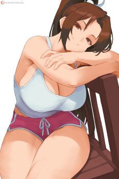 1girl artist_name bare_shoulders breasts brown_eyes brown_hair casual chair cleavage closed_mouth commentary english_commentary fatal_fury high_ponytail highres large_breasts legs_together long_hair looking_at_viewer official_alternate_costume on_chair patreon_logo patreon_username ponytail shiranui_mai sitting smile solo street_fighter street_fighter_6 tank_top thick_thighs thighs watermark web_address zelc-face