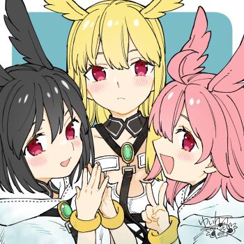 3girls ahoge black_hair blonde_hair bracelet fate/grand_order fate_(series) head_wings highres hildr_(fate) hood jewelry long_hair multiple_girls ortlinde_(fate) pink_hair red_eyes sakake_asobi short_hair signature thrud_(fate) v valkyrie_(fate) wings