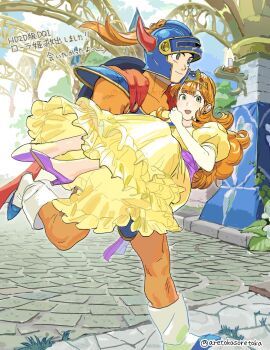 Rule 34 | 1boy, 1girl, aretokasoretoka, armor, blue helmet, bodysuit, boots, cape, carrying, closed mouth, commentary request, curly hair, dragon quest, dragon quest i, dress, elbow gloves, fake horns, gloves, helmet, hero (dq1), highres, horned helmet, horns, jewelry, long hair, necklace, open mouth, orange bodysuit, orange hair, princess carry, princess laura, puffy short sleeves, puffy sleeves, purple sash, purple shoes, red cape, running, sash, shoes, short sleeves, shoulder armor, tiara, twitter username, white boots, white gloves, yellow dress