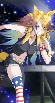 Rule 34 | 1girl, absurdres, american flag, american flag print, animal ears, armband, asymmetrical pants, belt, black pants, black vest, blonde hair, blue eyes, blue hair, bracelet, breasts, commentary, ear picking, flag print, frown, grimace, highres, hitempo, horse ears, horse girl, horse tail, jewelry, long hair, looking to the side, medium breasts, midriff, multicolored hair, navel, necklace, obey your master (umamusume), pants, print thighhighs, railing, running, single thighhigh, solo, star (symbol), star necklace, tail, thighhighs, two-tone hair, two side up, umamusume, umamusume: cinderella gray, vest, white belt