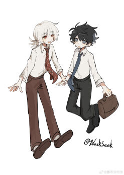 2boys absurdres akinashi_haru bag black_hair black_pants blackseek blue_eyes blue_necktie brown_pants chinese_commentary collared_shirt commentary_request dress_shirt highres holding holding_bag holding_hands looking_at_another low_ponytail male_focus multiple_boys necktie no_cardigan no_jacket pants ponytail red_eyes red_necktie saihate_eki shirt tatsunami_shion white_hair white_shirt
