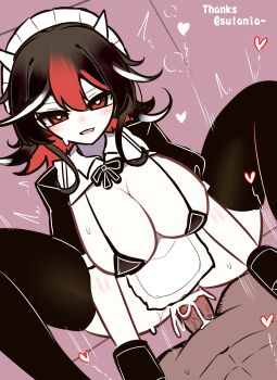 1boy 1girl absurdres alternate_costume apron black_bow black_bowtie black_bra black_dress black_hair black_thighhighs blush bow bowtie bra breasts bright_pupils chinese_commentary commentary_request cone_horns cowgirl_position cum cum_in_pussy cum_overflow dress ejaculation enmaided feet_out_of_frame girl_on_top hetero highres horns kijin_seija large_breasts looking_at_viewer maid maid_headdress multicolored_hair open_mouth penis pov pov_crotch purple_background pussy red_eyes red_hair sex shen_bi_ren_(user_rjgy2824) short_hair small_horns smile solo_focus straddling streaked_hair thighhighs touhou uncensored underwear vaginal variant_set waist_apron white_apron white_hair white_pupils