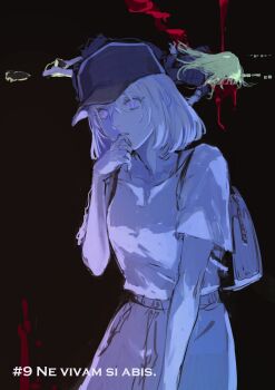 2girls backpack bag bang_dream! bang_dream!_it's_mygo!!!!! baseball_cap black_background black_hat blonde_hair blood breasts commentary constricted_pupils cowboy_shot crazy_eyes hair_between_eyes hand_to_own_mouth hand_up hat highres imagining looking_at_viewer lying medium_breasts misumi_uika mortis_(bang_dream!) mortis_(persona)_(bang_dream!) multiple_girls on_side osakana_(denpa_yun'yun) parted_lips purple_eyes shirt short_hair short_sleeves skirt standing symbol-only_commentary wakaba_mutsumi white_shirt white_skirt wide-eyed