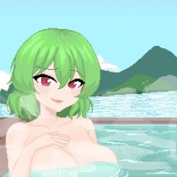Rule 34 | 1girl, bathing, breasts, cleavage, collarbone, commentary request, green hair, hair between eyes, hands on own breasts, highres, kazami yuuka, large breasts, lasboss yt, mountain, naked towel, nature, nude, onsen, open mouth, outdoors, partially submerged, pixel art, red eyes, short hair, solo, steam, touhou, towel