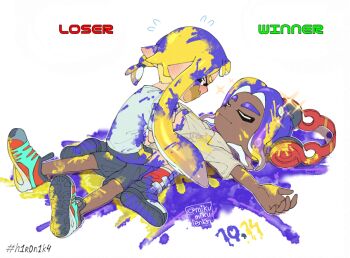 1boy 1girl ariamikukanzaki black_shorts blonde_hair blue_hair braid closed_eyes clothes_grab commentary dark-skinned_male dark_skin dated english_commentary flying_sweatdrops girl_on_top hashtag headphones hirooooo_(splatoon) lying nintendo on_back paint_on_body paint_on_clothes paint_on_hands paint_splatter red_shoes shirt shirt_grab shoes short_shorts shorts side_braid signature splatoon_(series) splatoon_3 t-shirt tentacle_hair veronika_(splatoon) very_dark_skin