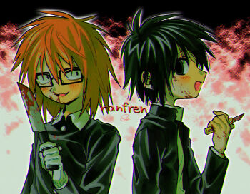 Rule 34 | 2boys, black-framed eyewear, black eyes, black hair, black shirt, blood, blood on face, bloody knife, blush, brown hair, collared shirt, fang, glasses, highres, holding, holding knife, knife, long sleeves, male focus, medium hair, menma (enaic31), multiple boys, open mouth, randal's friends, randal ivory, rectangular eyewear, shirt, short hair, tsukada satoru