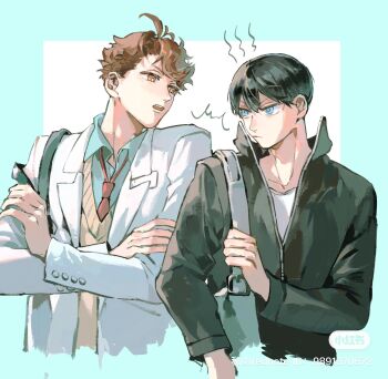 2boys aqua_shirt bag black_hair black_jacket blazer blue_eyes brown_eyes brown_hair brown_sweater closed_mouth collared_shirt commentary_request cropped_torso crossed_arms haikyuu!! height_difference highres jacket kageyama_tobio looking_at_another male_focus multiple_boys necktie oikawa_tooru_(haikyuu!!) partially_unzipped red_necktie school_bag shirt short_hair shoulder_bag sweater watermark white_jacket white_shirt xiaohongshu_logo xiaohongshu_watermark xing_wei_(likin000)