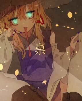 1girl blonde_hair blue_eyes boots brown_background brown_boots commentary_request feet_out_of_frame fingernails glowing glowing_eyes hair_ribbon long_sleeves long_tongue looking_at_viewer medium_hair moriya_suwako one-hour_drawing_challenge open_mouth purple_nails purple_skirt purple_vest red_ribbon ribbon shinjitsu_no_kuchi shirt sitting skirt skirt_set solo thighhighs tongue tongue_out touhou vest white_shirt white_thighhighs