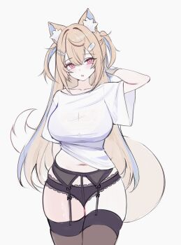 Rule 34 | 1girl, absurdres, animal ears, arm behind back, arm behind head, arm up, bandaid, bandaid hair ornament, black garter belt, black panties, black thighhighs, blonde hair, blue hairband, blue streaks, breasts, commentary, cowboy shot, crossed bangs, dog ears, dog girl, dog tail, double-parted bangs, english commentary, fake horns, fuwawa abyssgard, garter belt, hair between eyes, hair ornament, hairband, hairclip, highres, hololive, hololive english, horn hairband, horns, koahri, lace, lace-trimmed panties, lace trim, large breasts, long hair, looking at viewer, multicolored hair, navel, no pants, open mouth, panties, parallel hairclips, pink eyes, shirt, simple background, solo, straight-on, streaked hair, t-shirt, tail, thighhighs, two side up, underwear, virtual youtuber, white background, white shirt