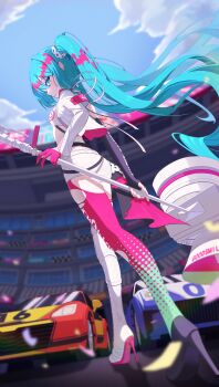 1girl absurdres aqua_eyes aqua_hair armband asymmetrical_sleeves boots breasts car crown_belt_buckle crown_ornament gloves goodsmile_company goodsmile_racing hatsune_miku highres holding holding_megaphone ko_otori127 long_hair looking_at_viewer looking_back megaphone mismatched_sleeves motor_vehicle multicolored_pantyhose pantyhose pink_armband pink_gloves pink_pantyhose pleated_cape race_queen race_vehicle racecar racing_miku racing_miku_(2025) shorts single_thigh_boot small_breasts solo thigh_boots twintails two-sided_vest very_long_hair vocaloid white_shorts