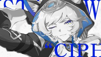 1girl animal_ear_fluff animal_ears animal_hood bow braid cat_ears cat_girl cat_hood charm_(object) choker cipher_(honkai:_star_rail) commentary english_commentary english_text fang greyscale hair_bow hand_up highres honkai:_star_rail honkai_(series) hood mindscape_cinema_(zenless_zone_zero) monochrome multicolored_eyes nalgea one_eye_closed parody two-tone_eyes zenless_zone_zero