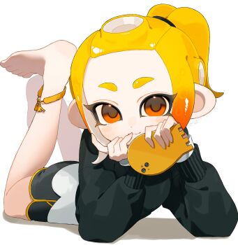 Rule 34 | 1girl, barefoot, black jacket, black shorts, blonde hair, closed mouth, dolphin shorts, gradient hair, highres, holding, holding phone, jacket, long hair, looking at viewer, lying, multicolored hair, multicolored jacket, nintendo, octoling, octoling girl, octoling player character, on stomach, orange eyes, orange hair, phone, ponytail, sabata saba, shorts, smile, solo, splatoon (series), splatoon 3, tentacle hair, thick eyebrows, two-tone hair, two-tone jacket, white background, white jacket