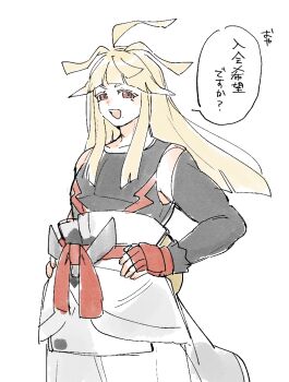 1boy :d black_shirt blonde_hair commentary_request fingerless_gloves gloves hands_on_own_hips happy ivor_(pokemon) long_hair male_focus nintendo open_mouth orange_eyes pants pokemon pokemon_legends:_z-a red_gloves shirt sidelocks simple_background smile solo speech_bubble teeth tenpi_(hello_3152) translation_request upper_teeth_only white_background white_pants