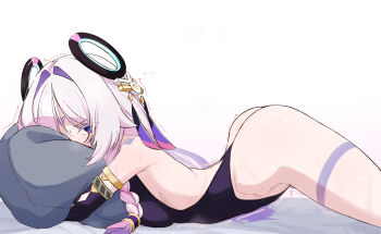 ... 1girl arm_markings ass bare_shoulders blue_eyes blush braid breasts citlali_(genshin_impact) commentary donutman elbow_gloves facial_mark floating_headgear forehead_mark from_side genshin_impact gloves hugging_object long_hair looking_at_viewer lying on_stomach pillow pillow_hug pink_hair ring_hair_ornament simple_background solo sweatdrop thigh_marking triangle triangle_facial_mark white_background